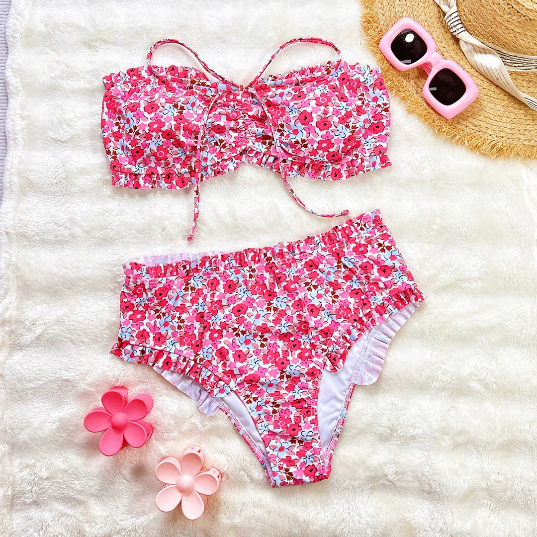 Blumenmuster-Bandeau-Badeanzug für Damen, Bikini mit hoher Taille, zweiteiliges Bikini-Set, Badebekleidung, Badeanzug, Modell V6613. – Detail 15