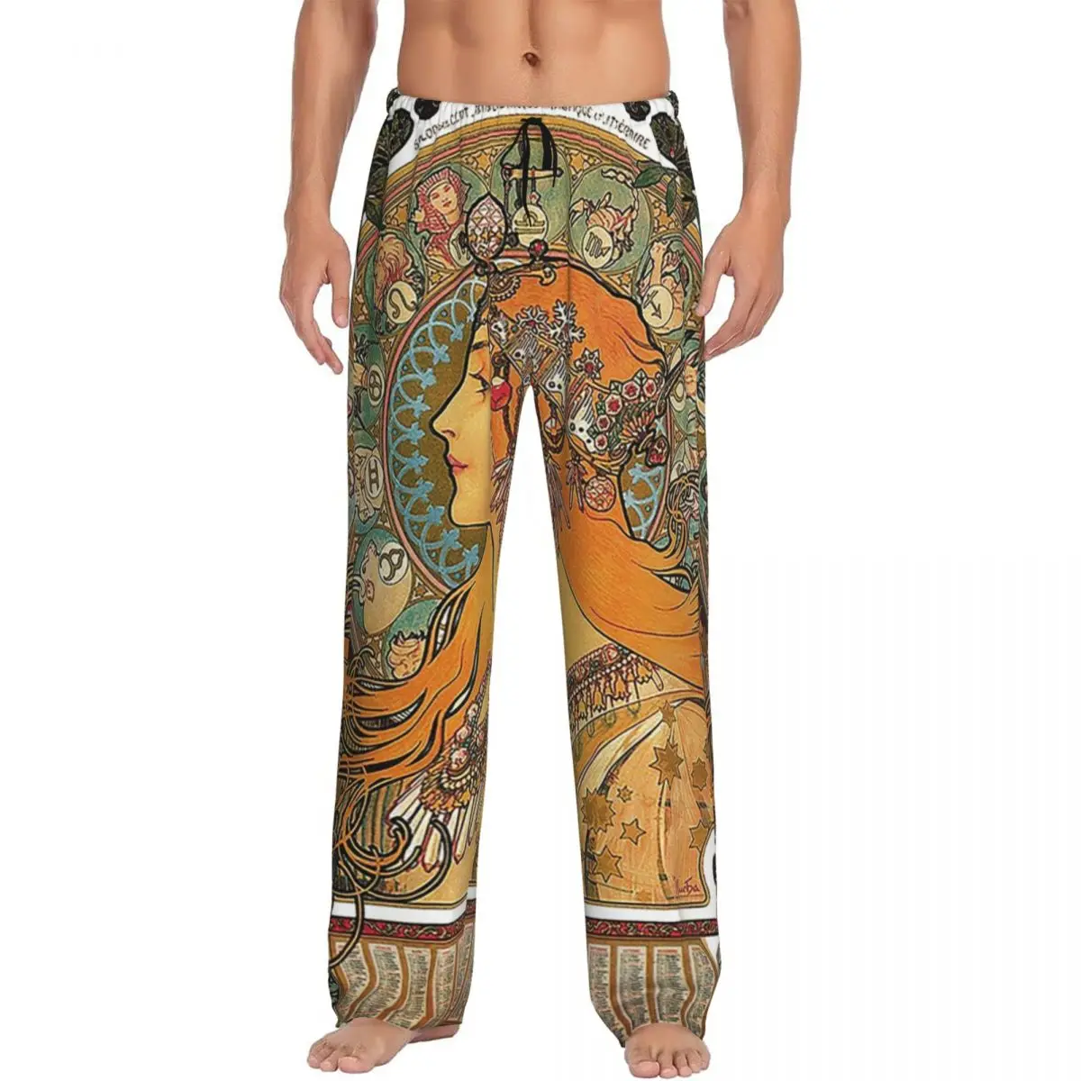 Zodiac (Original Version), By Alphonse Mucha (1896) ORIGINAL COLORS Pajama Pants Men Sleepwear Sleep Lounge Bottoms with Pockets