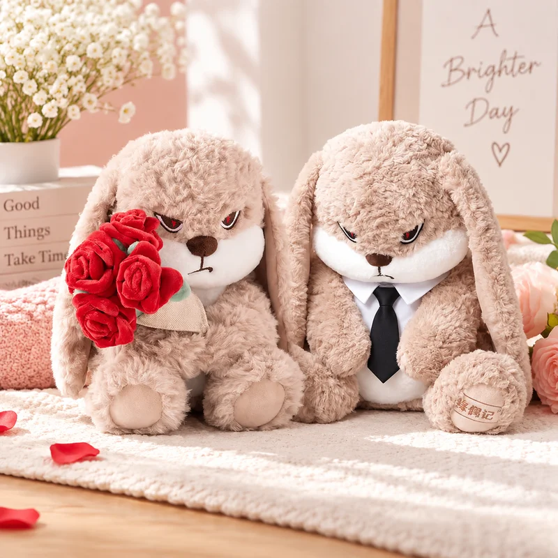 Kawaii Angry Long-Eared Rabbit Plush Doll Cute Soft Stuffed Cartoon Throw Pillow Indoor Sofa Bedroom Decoration Birthday Gift