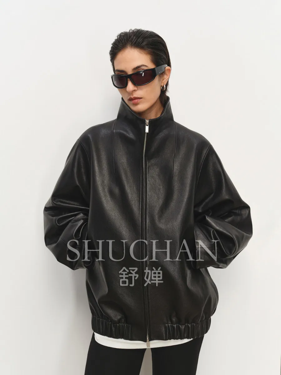 2026 Autumn Winter Jacket Women's Custom Uncoated Vegetable Tanned Sheepskin Stand-up Collar Split Micro Bat Sleeve Lea
