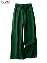 ZANZEA Women Summer Elegant Long Pants Fashion Elastic Waist Wide Leg Trousers Work OL Pantalon Casual Loose Palazzo Oversized