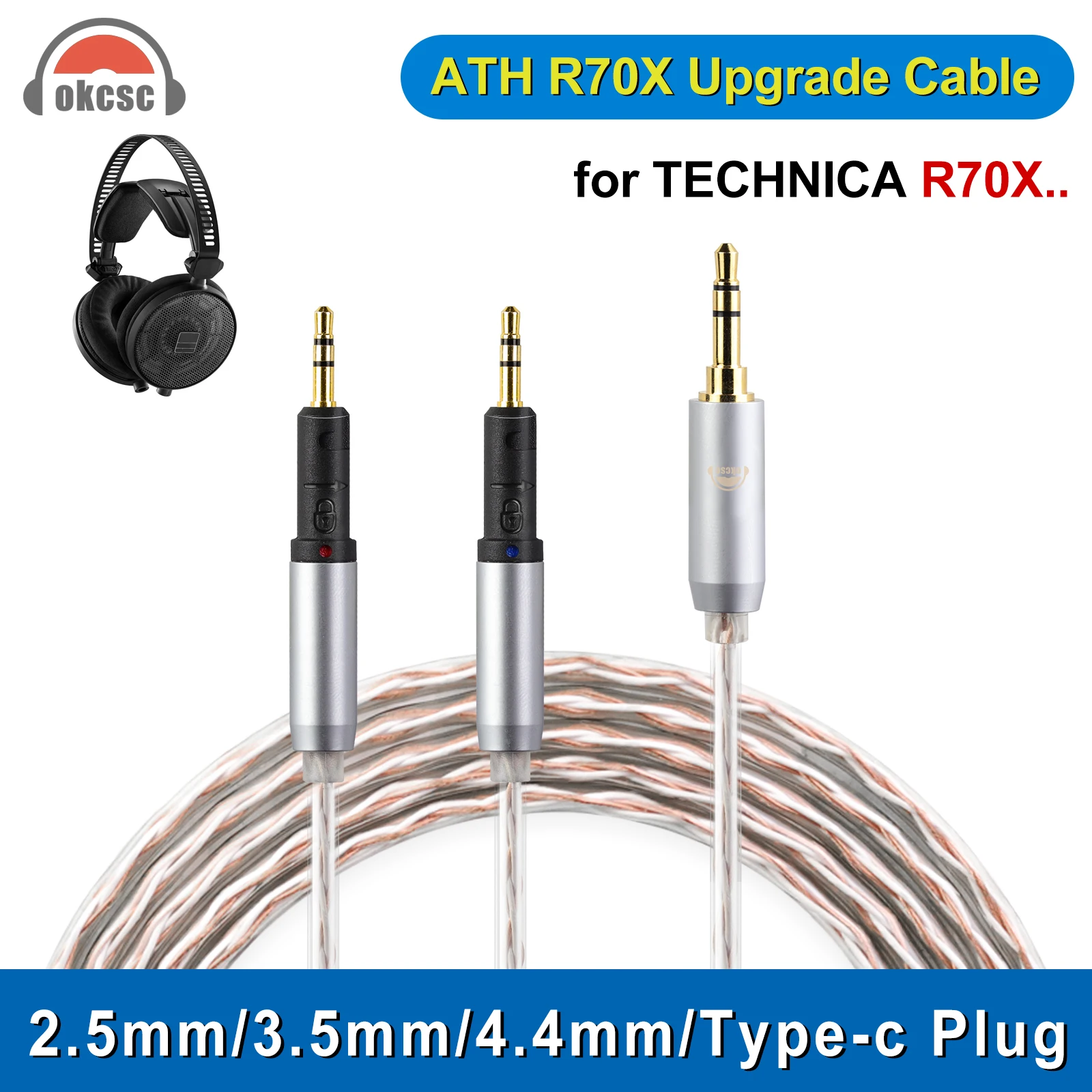 

Кабель для наушников okscc для Technica R70X 4-жильный Модернизированный посеребренный с разъемом 2,5 мм/3,5 мм/4,4 мм/Type-c обновленный аудиокабель HiFi