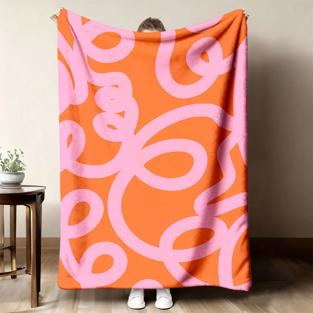 Preppy Pink Orange Swirl Curve Throw Blanket, Bold Abstract Line Modern Warm Blanket Couch Trip Household Aesthetic Room Decor