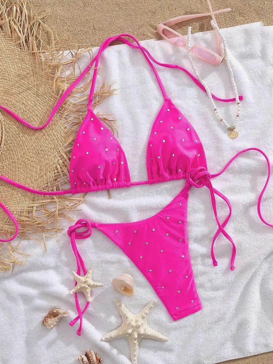 

Women Solid Color Rhinestone Halter Tie Side Bikini Set Beach Vacation Summer