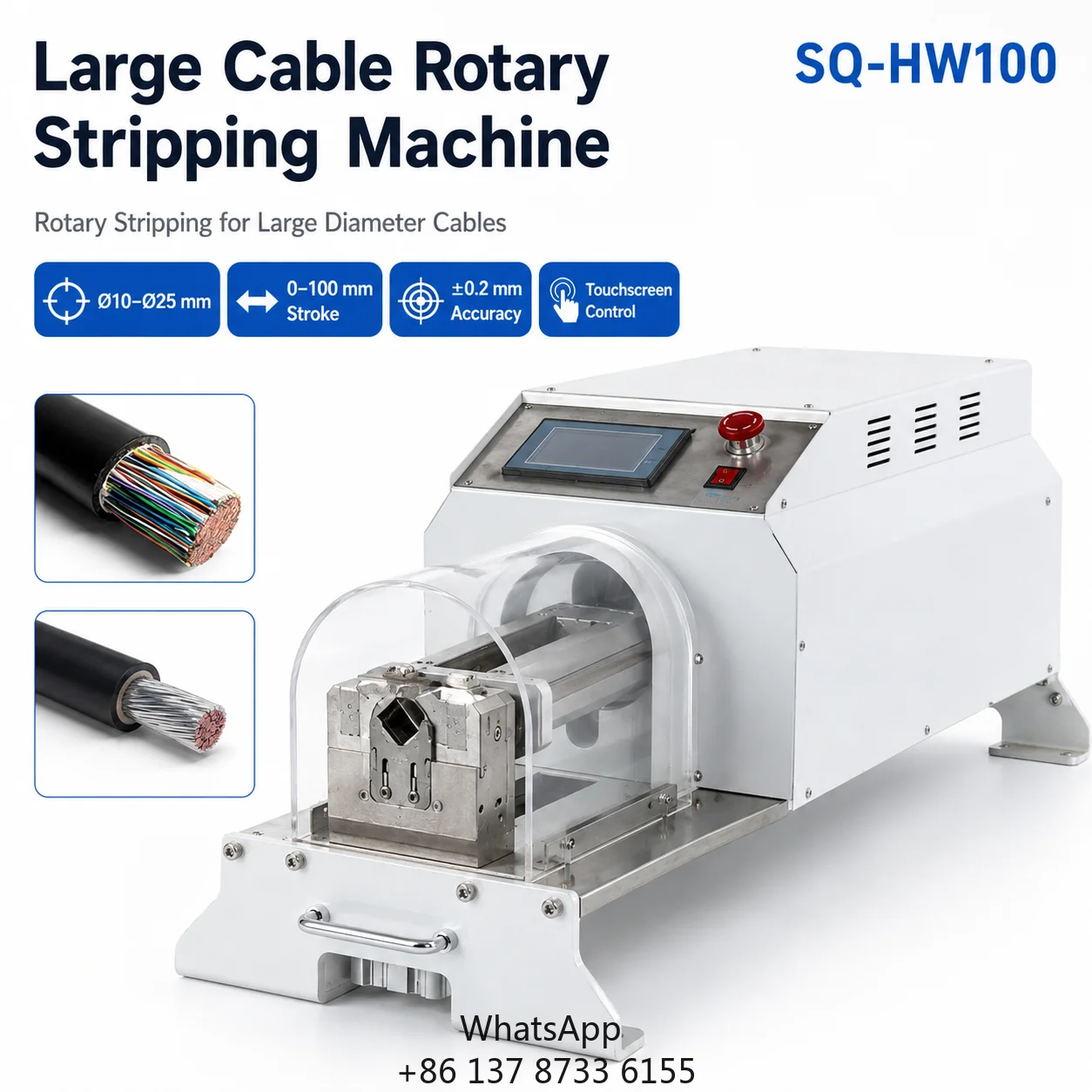Machine automatique de dénudage de câbles rotative SQ-HW100 pour fils de 10 à 25 mm de diamètre, course de 100 mm