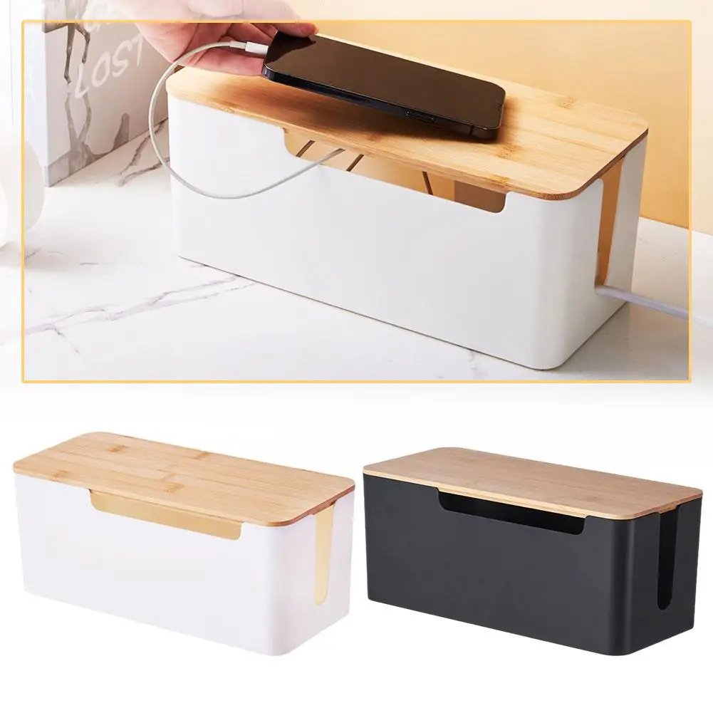 Wire Storage Box Power Plug Board Wire Boxes Socket Data Cable Junction Box Plastic Storage Box with Bamboo