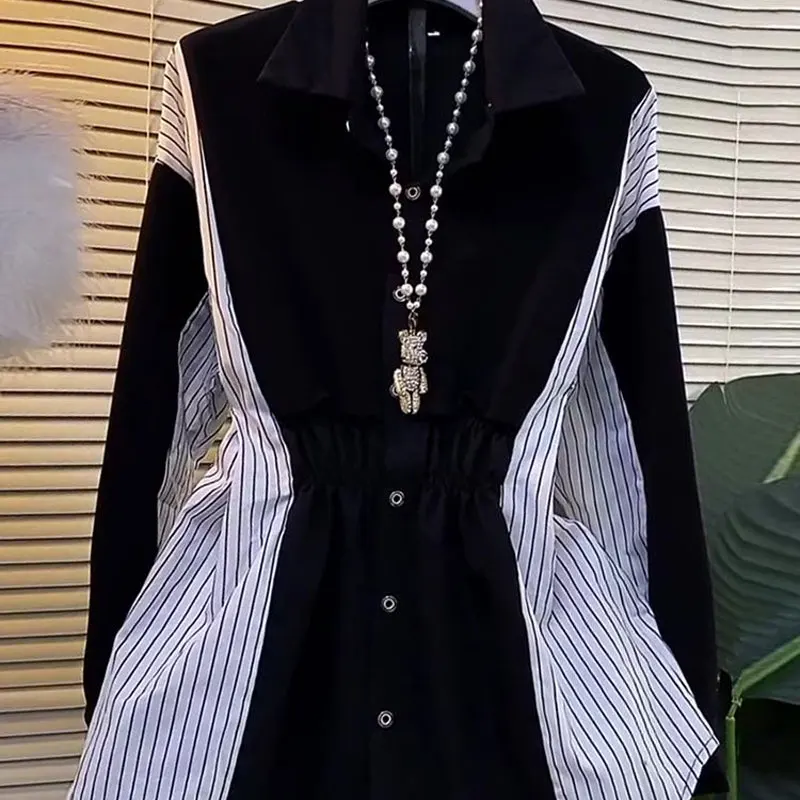 Blusa a rayas con cintura empalmada para mujer, camisa Midi holgada con cuello vuelto, estilo coreano, primavera y otoño, 2023