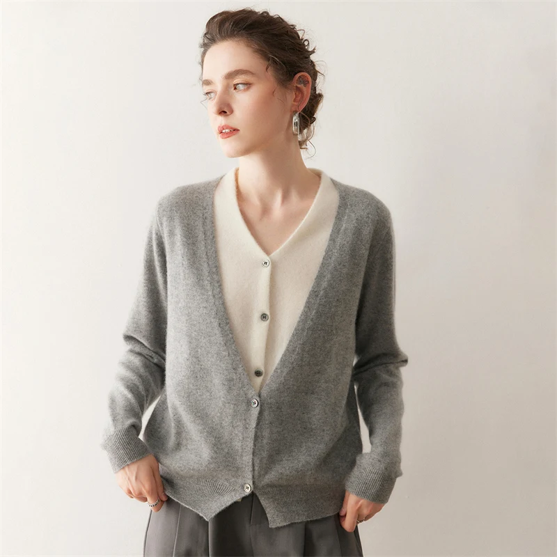 Women's 100% Cashmere Sweater V-neck Cardigan Fake Two Piece Cashmere Knitwear Spring Autumn Winter Luxury Warm Clothing Tops