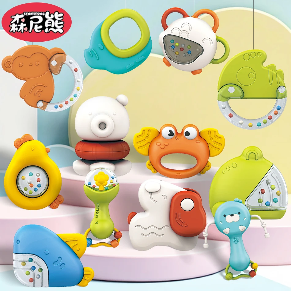 Sennixiong bebê handbell dos desenhos animados filhote de cachorro caranguejo tubarão chocalho infantil mastigável mordedor montessori brinquedo sensorial para a criança presente recém-nascido