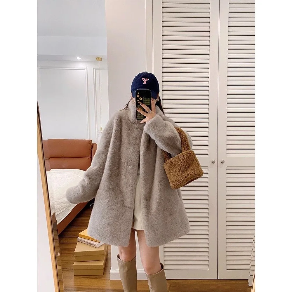 Długi płaszcz ze sztucznego futra damski płaszcze damskie mieszanki dopasowany wieczorowy damski z nadrukiem czysty ręcznie cięty dopasowany krój guziki stójka podszyty