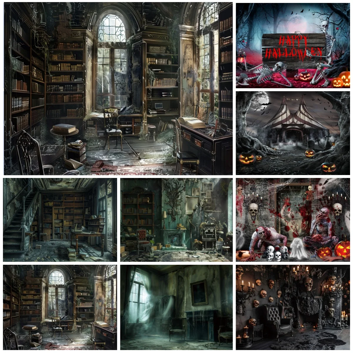 Abandoned Library Haunted House Halloween Horror Photography Backdrop Zombie Skull Photo Studio Props Party Decor Background