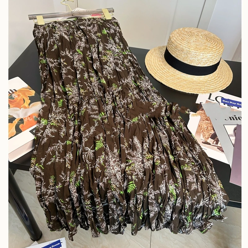 Bomon retro skirt women 2024 summer new big swing long skirt high waist slimming half skirt design sense small flower skirt