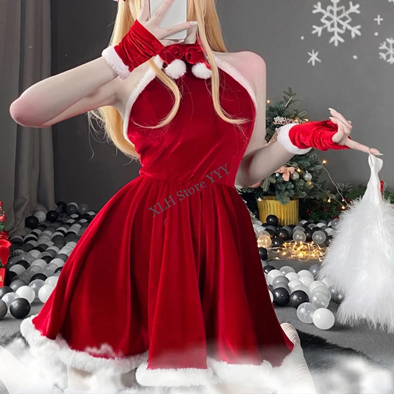 Disfraz de Navidad para mujer, disfraz Sexy de Papá Noel, lencería, vestido rojo de invierno, uniforme de camarera de sirvienta