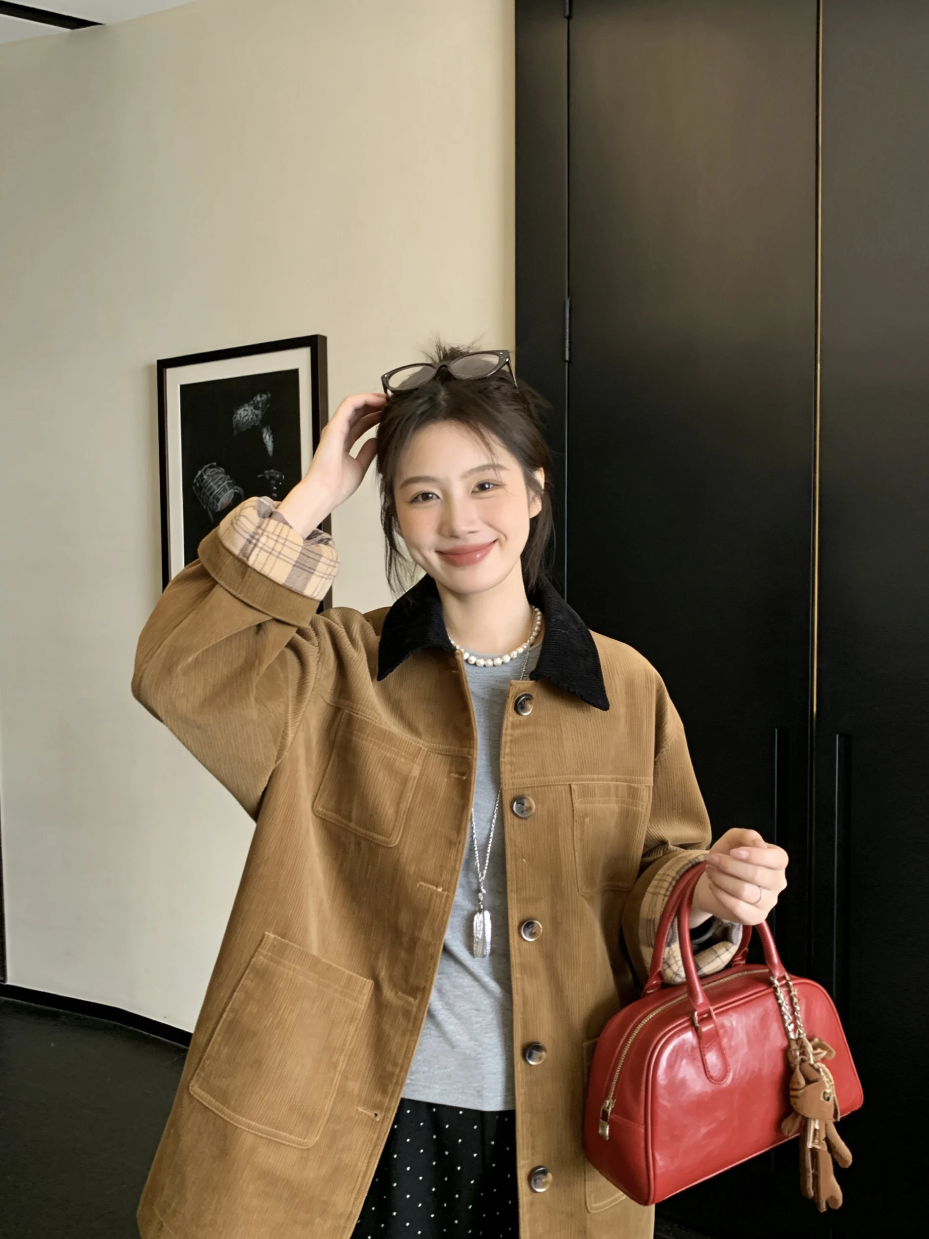 

Korean Sle Corduroy Collar Jaet Women's Spring New Faion Retro Loose Midi Top Morning Bell Evening Song