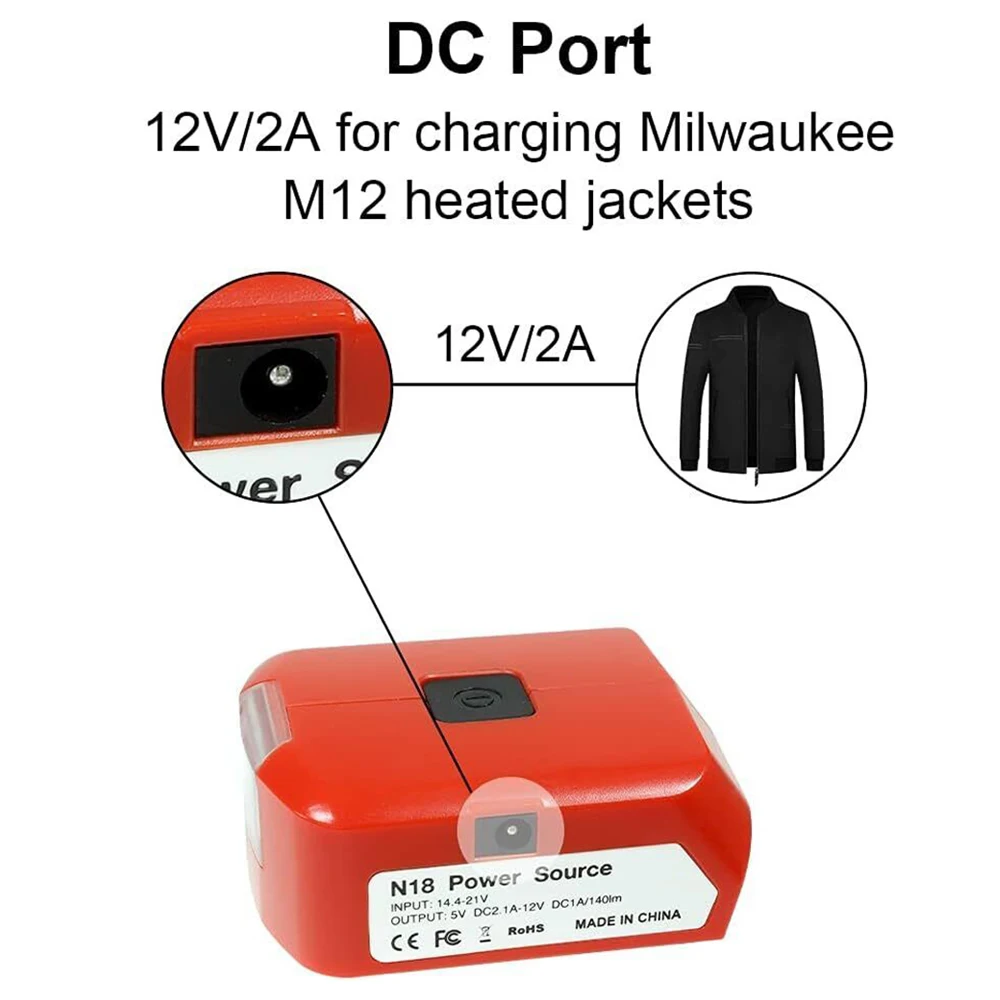 Adapter LED Light Working Lamp Flashlight Torch USB Mobile Phone Charger DC 12V Output For Milwaukee 18V Li-ion Battery M18