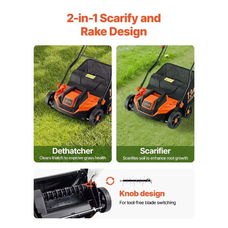 13-Inch 13-amp Electric 2-in-1 Weed Crusher Wired Lawn Care Machine 13 Gallon Thatch Collection Bag 5-Position Depth