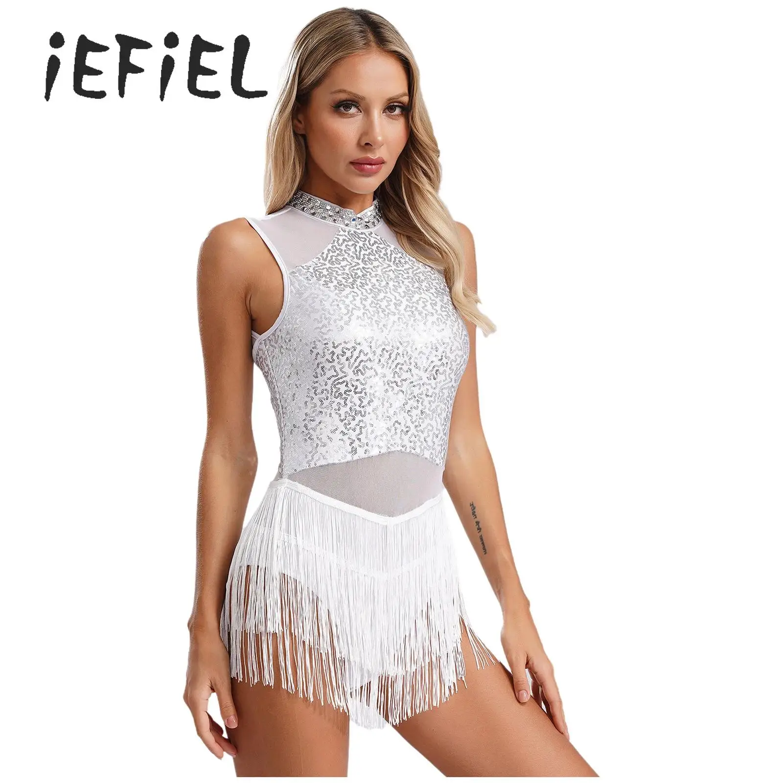 

Womens Tassel Jazz Latin Modern Dance Costumes Shiny Sequins Fringe Leotard Dress Tango Rumba Cha-Cha Samba Bodysuit Dancewear