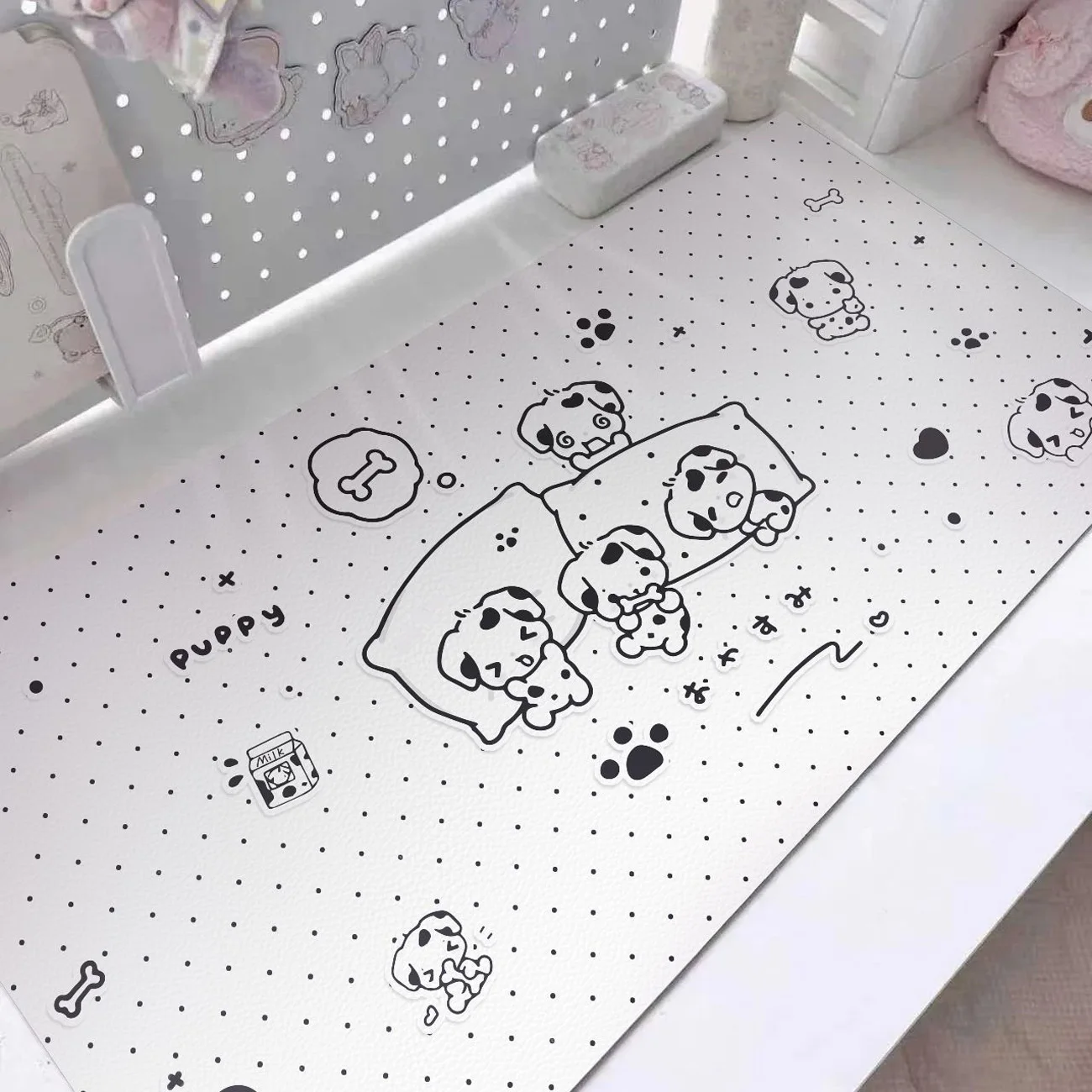 Cute Puppy PU Leather Desk Mat Black White Polka Dot Dog Print Large Mouse Pad Waterproof Non-slip Girl Table Pad for Desk Decor