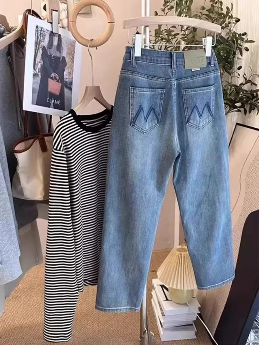 

High Waist Straight Leg Stretchy Jeans Women Summer plus Size Pear Shape Loose Fit Slimming Nine Tube Pants Cotton Denim