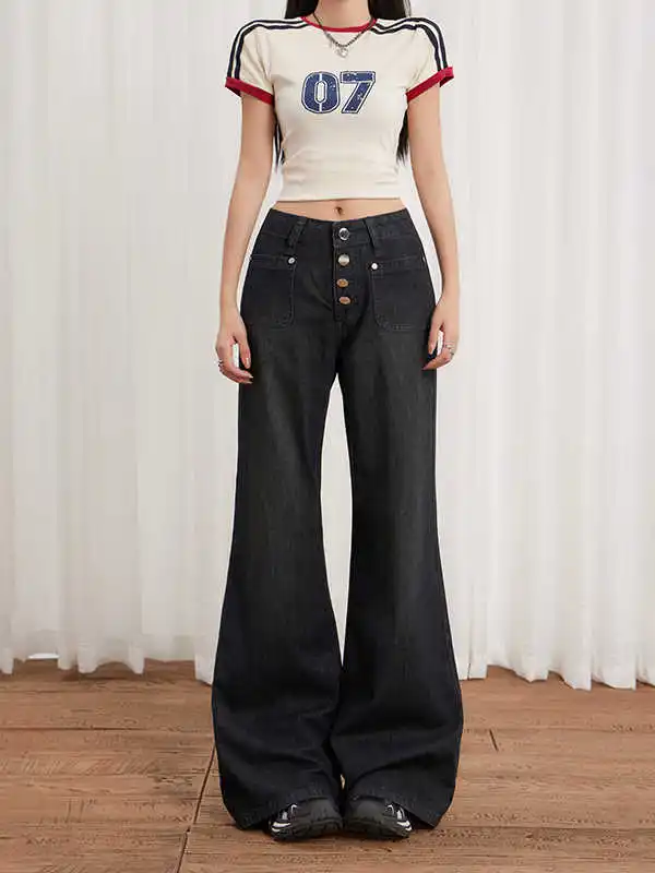 

Black Womens Jeans High Waist Vintage Straight Baggy Denim Pants Street 90S Y2K Design Sense Wide Leg Large Size Denim Trouser