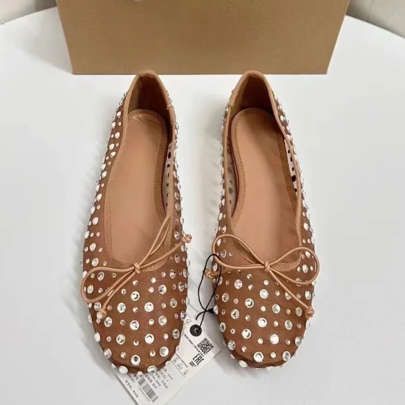 Luxury Rhinestones Women Shoes 2025 Spring Shallow Breathable Mesh Round Toe Bling Bowtie Elegant Ballet Flats for Female