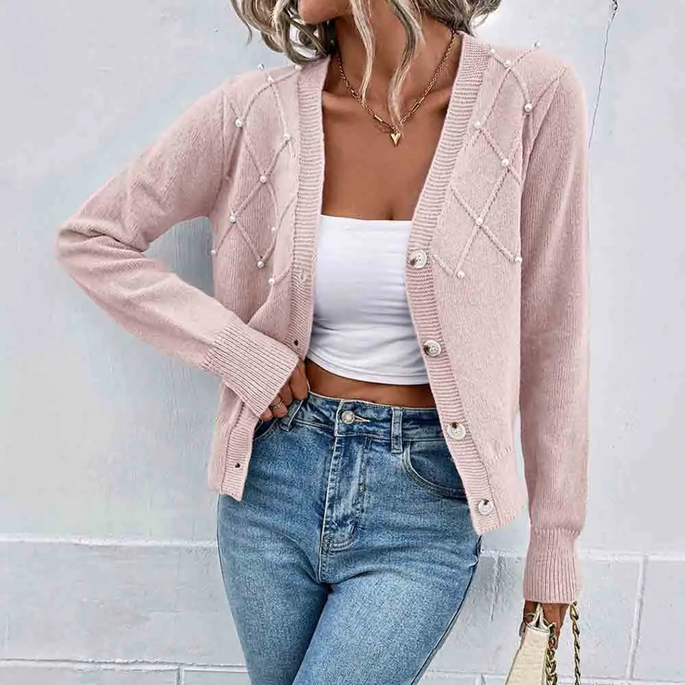

Mia Muse Autumn Winter Cardigan 2025 Women's Chic Plain Pearl Button Long Sleeve Single Breasted Basics Cardigan