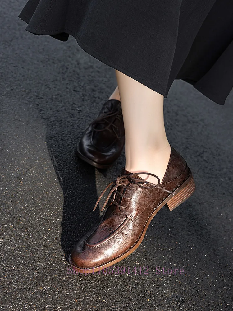 Women Wrinkled Sheepskin Oxford Shoes Lace Up Block Heel Vintage Office Casual Dress Shoes Ladies Loafers