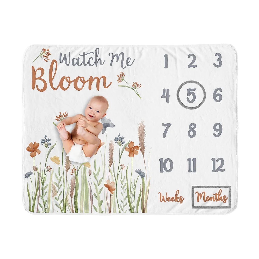 VIKAMA Wildflower Baby Milestone Blanket Newborn's First Year Growth Record Blanket Soft and Comfortable Nursery Decor Blanket