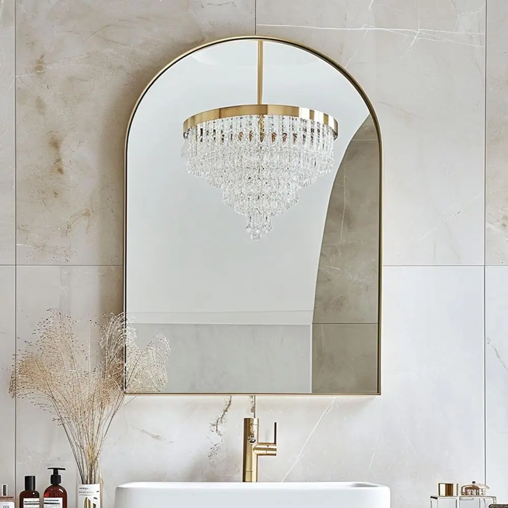 

36x24 Inch Arched Wall-Mounted Medicine Cabinet with Two Shelves and Beveled Mirror in Gold