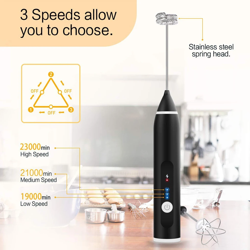 USB Rechargeable Electric Egg Drink Whisk Handheld Mixer 3-Speeds Blender Beaters Household Kitchen Coffee Cream