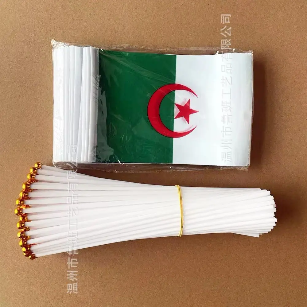 （TIKI FLAG）Algeria hand flag 14x21cm Polyester Fade-Resistance Algeria Hand Waving Flag with Plastic Flagpole for Events