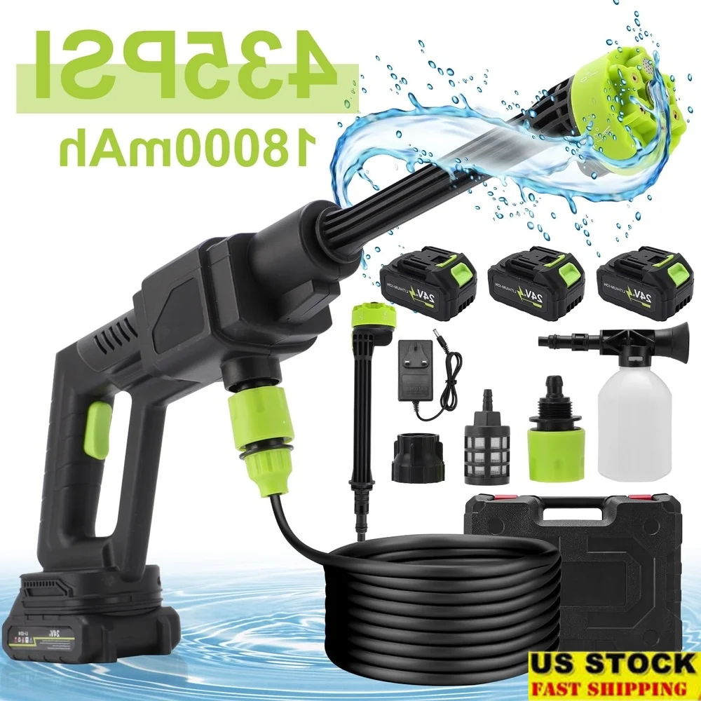 

18000mAh 24V Cordless Pressure Washer with 3 Rechargeable Batteries 6 in 1 Nozzles 16.4FT Water Pipe Portable Car Cleaner