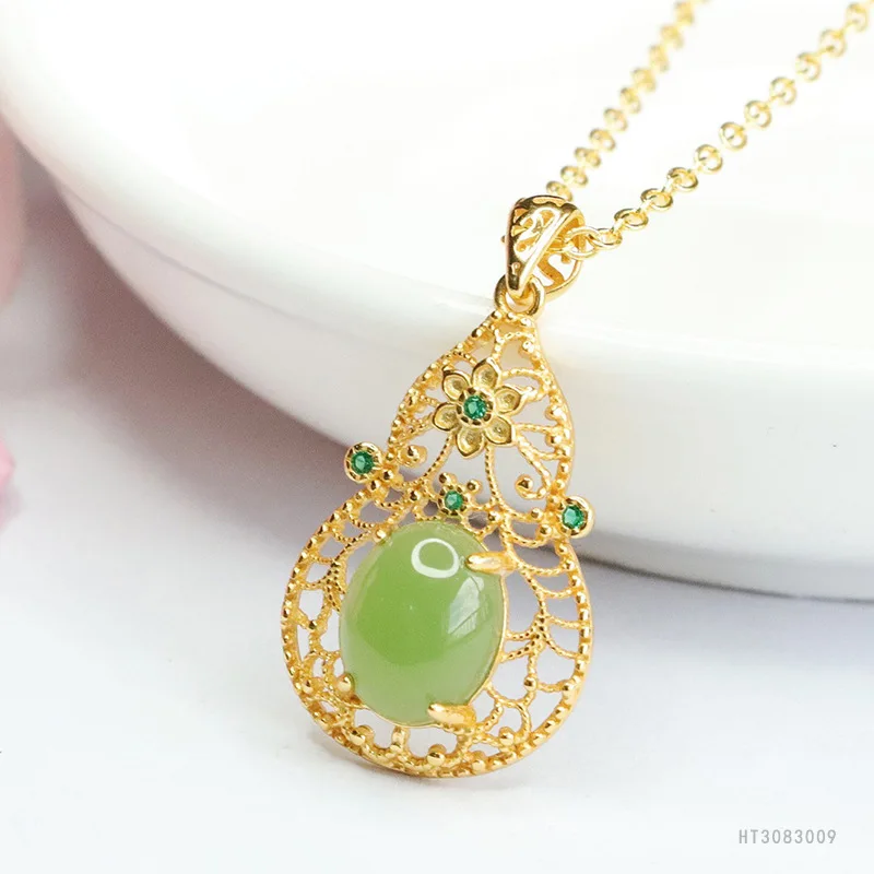 

S925 серебряный инкрустированный натуральный нефрит Хэтянь кулон из яшмы и тыквы ожерелье