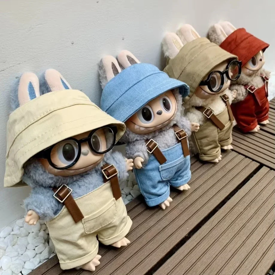 

17cm Labubu Clothes Cute Overalls Fisherman Hat Glasses Suit Dolls Replacement Cardigan Strap Skirt Replacement Gift