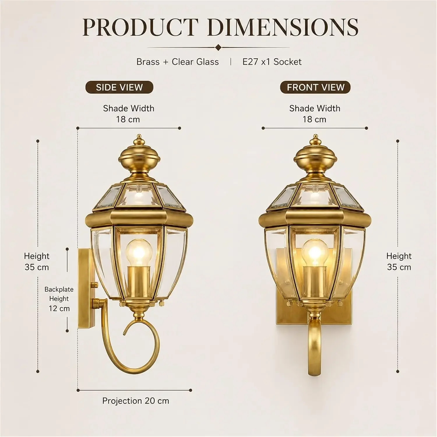 Brass Outdoor Wall Lantern, E27 Wall Sconce with Clear Glass Panels and Bottom Loop, Weather Resistant Porch Light, Decorative E