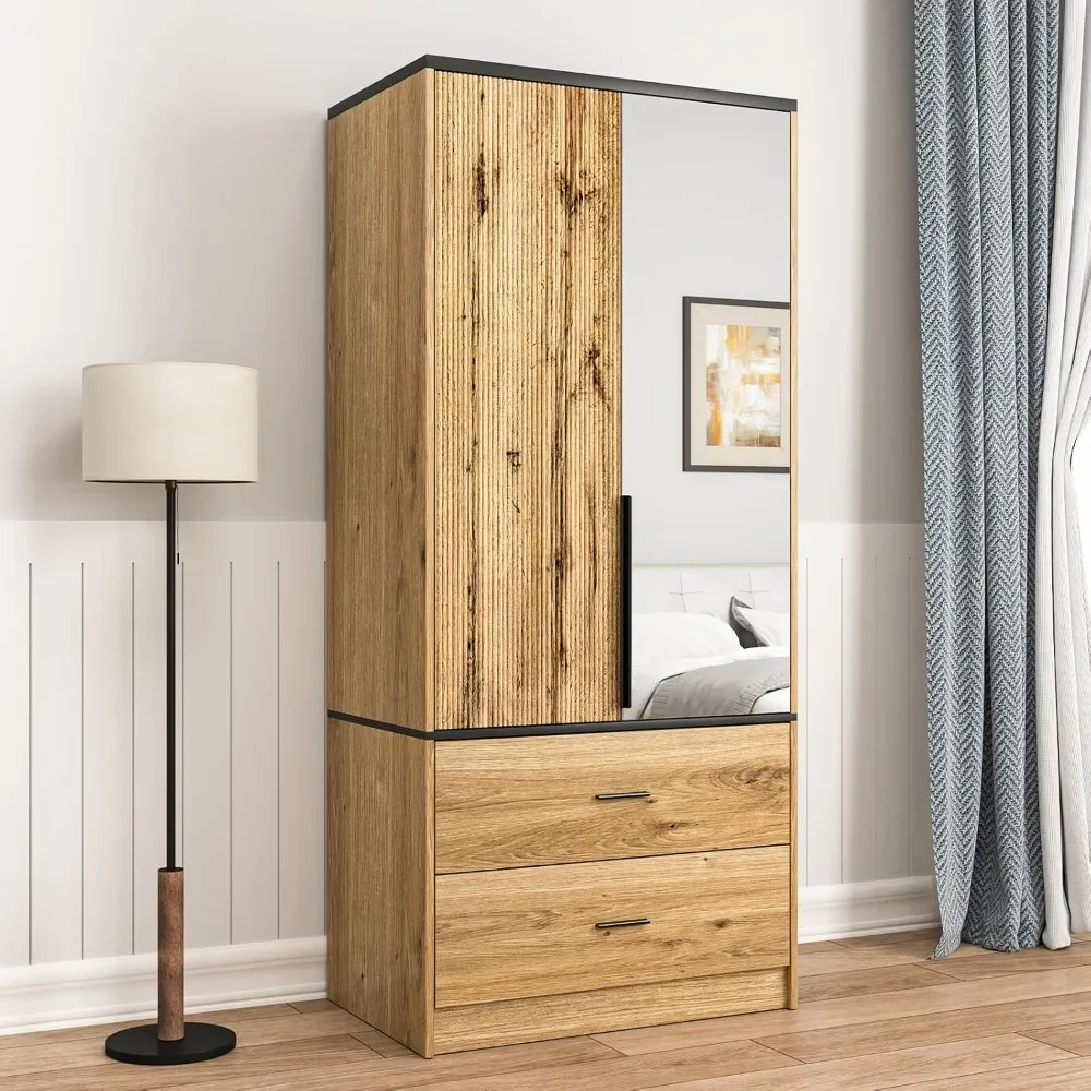 Mirrored Door Wooden Armoire with Hanging Space and Two Drawers for Bedroom Storage