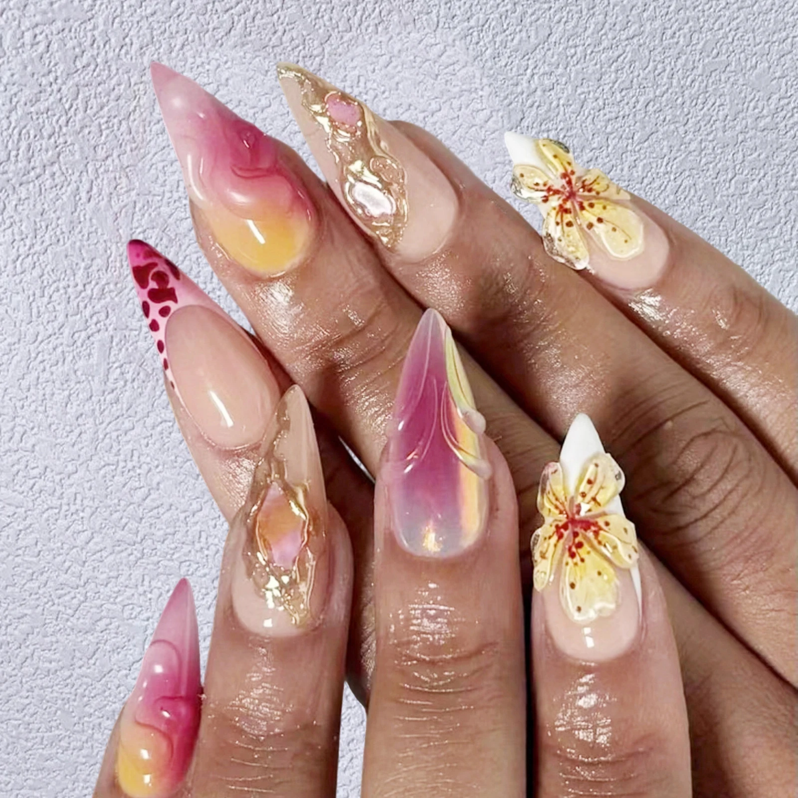 24Pcs Almond Press on Nails 3D Floral Leopard Pattern Fake Long Nail Tips Full Cover for Women