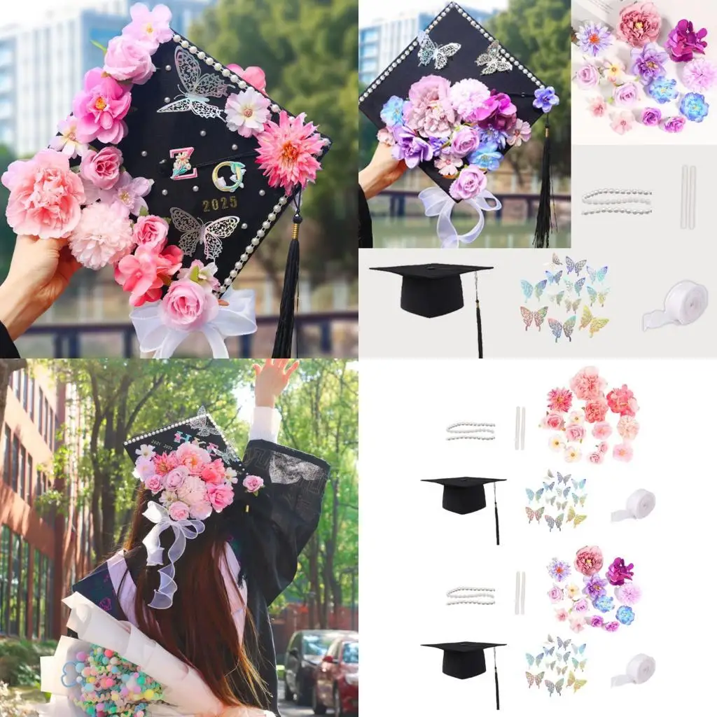 

Украшение для выпускной шляпы с искусственным цветочным жемчугом цепочка Наклейка бабочек для выпускных шляпных украшений