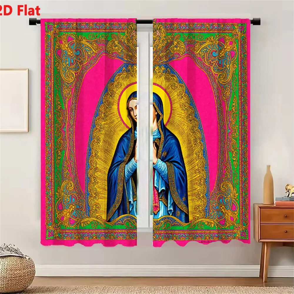 2Pcs Curtains 2D Flat Stylized Religious Figure Virgin Mary Ornate Iconography Style Bright Pink Background Golden Halo Blue Rob