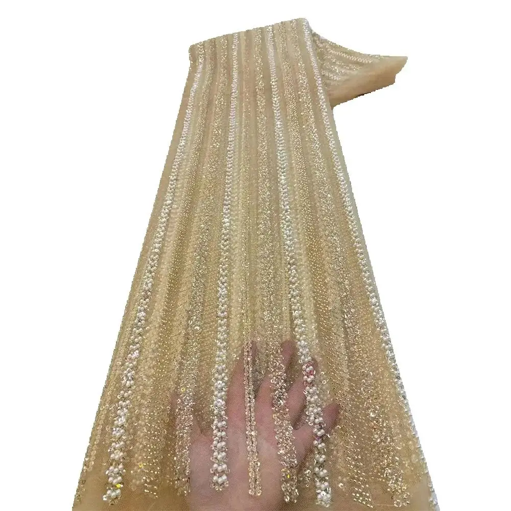 White African Sequins Lace Fabric 2025 High Quality Beads Lace French Nigerian Embroidery Mesh Fabrics For Wedding Dress Sewing