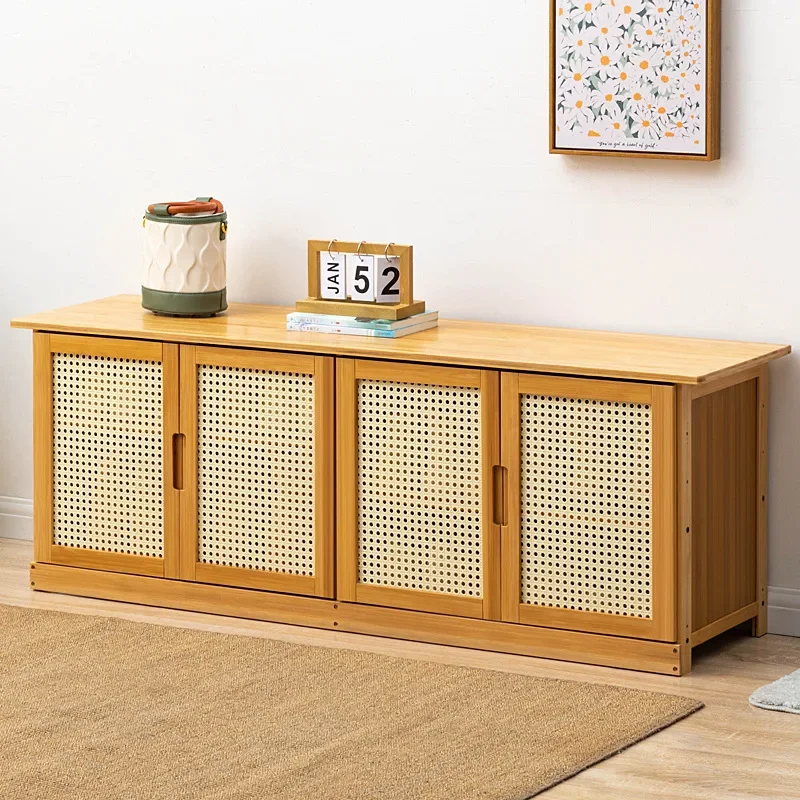 Modern minimalist double-layer shoe cabinet, shoe changing stool, wicker mesh breathable door shoe cabinet, storage cabinet