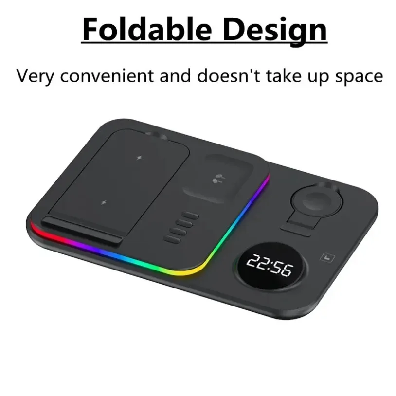 All In One Wireless Charger Stand With RGB Clock Light Fast Charging Station For iPhone 17-12 Pro Max Samsung S26 Watch AirPods