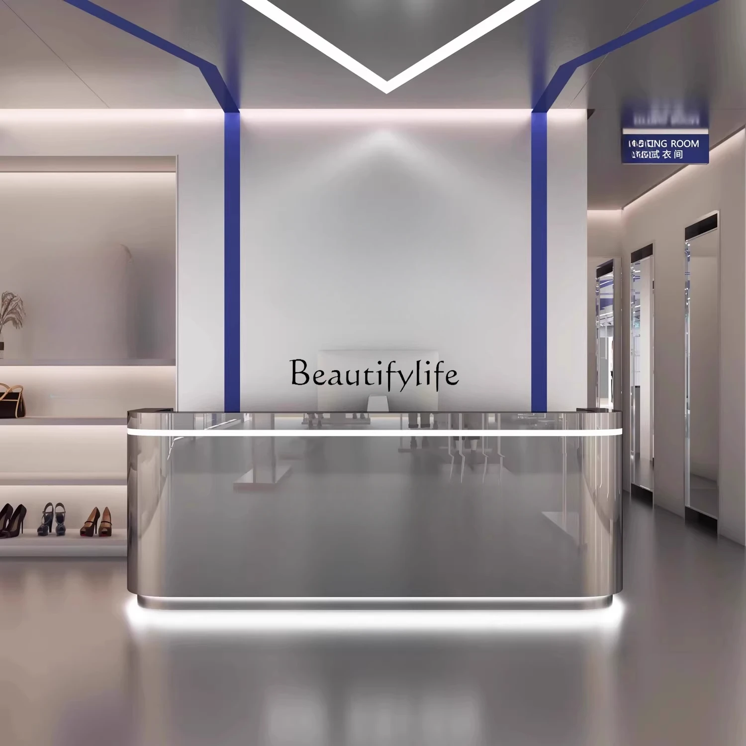 

01Modern simple stainless steel checkout page Light luxury beauty salon Small reception counter