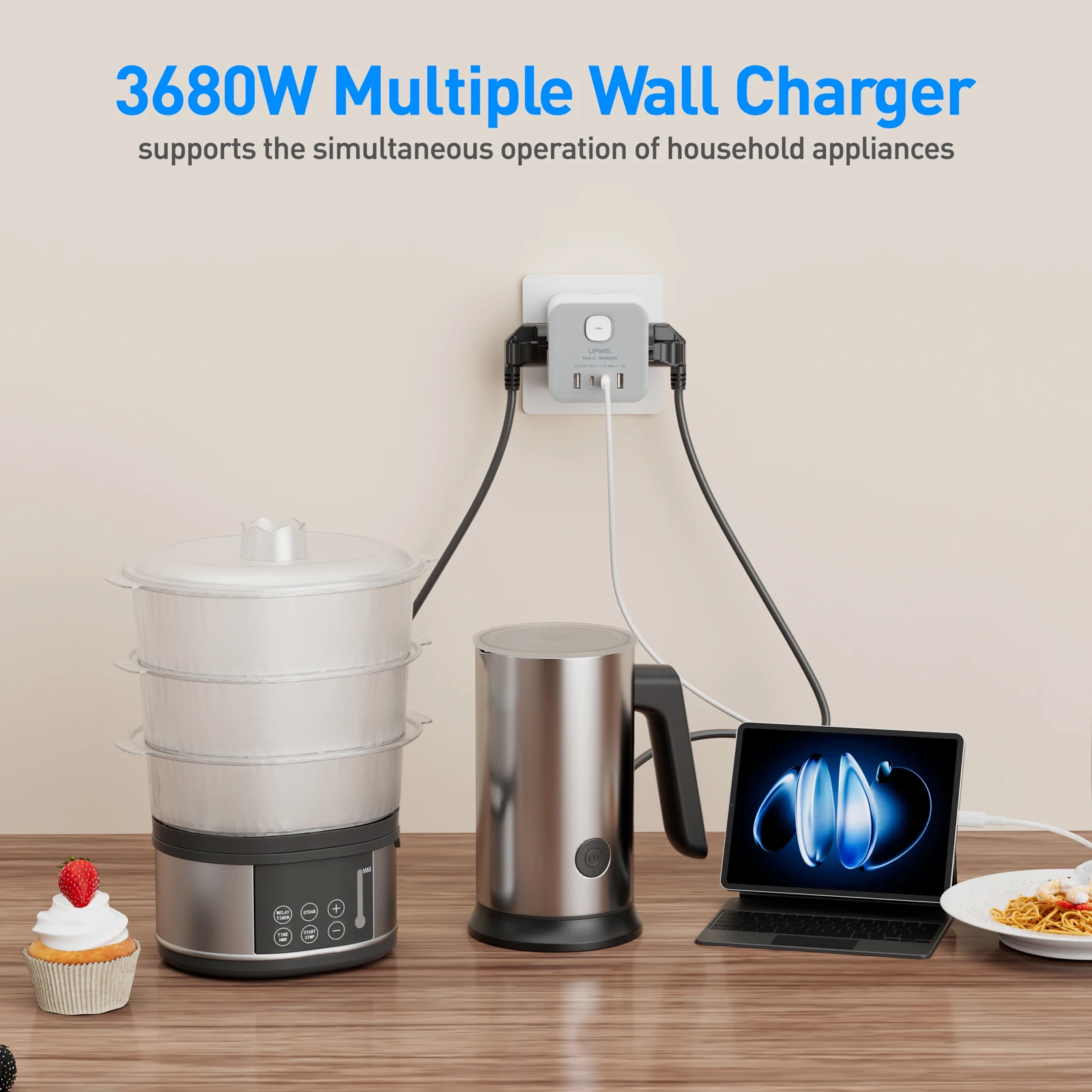 Compact Cube Power Strip, Space-Saving 3 AC Outlets, 4 USB Ports, Fireproof Material For Travel, Kitchen, Living Room