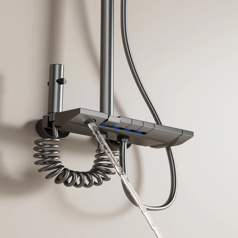 

Botón de Piano gris con luz ambiental, juego completo de ducha de baño, Sistema de ducha con pantalla Digital, grifos de lluvia,