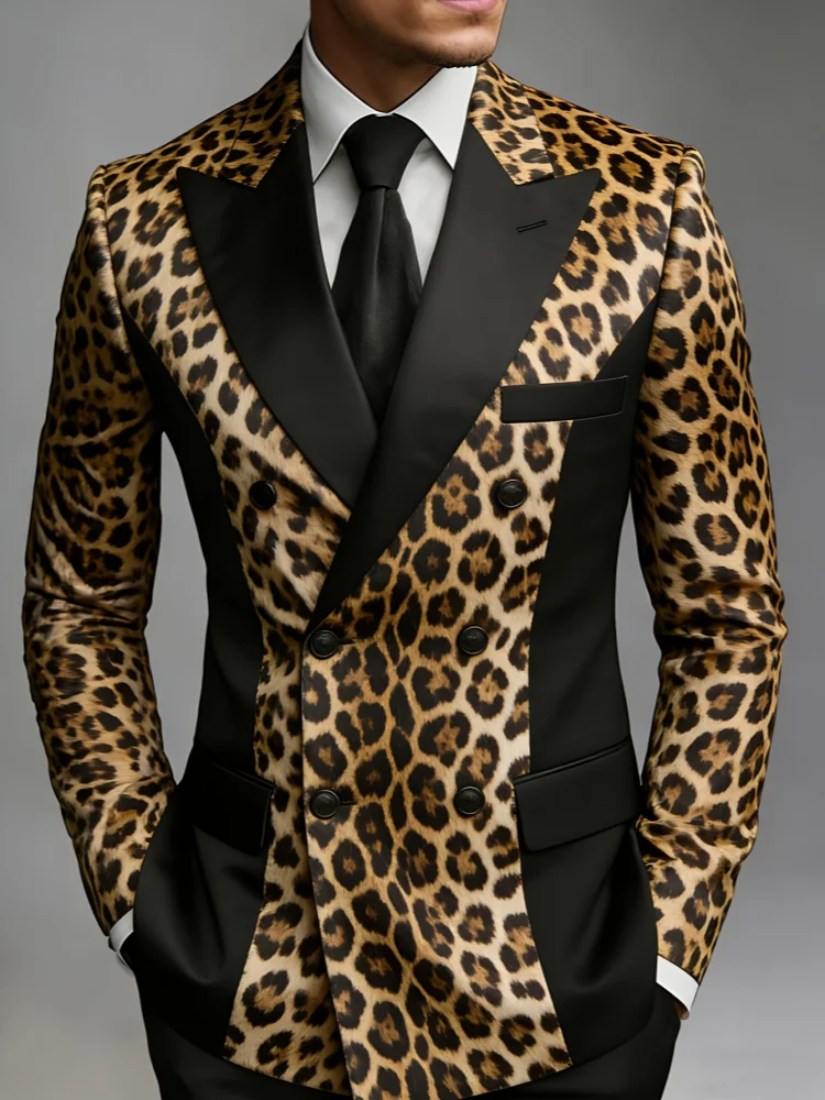 Mens Leopard Print Patchwork Suit Jacket Slim Fit Double Breasted Wedding Prom Dinner Blazer