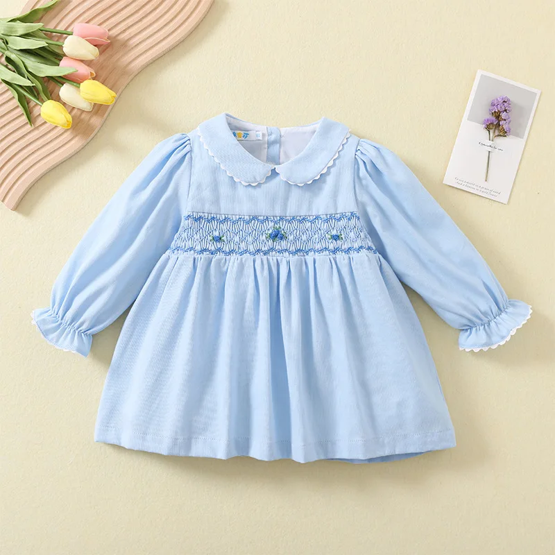 Autumn Girls Long Sleeve Retro Embroidered Handmade Smocked Dress Children Cotton Princess Pink Dress Frocks For Party 1-4 Years