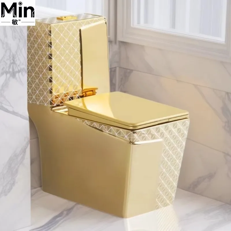 European Style Gold Trim Square Ceramic Toilet Two-Stage Flushing Press Type Toilet for Middle East Market Bathroom