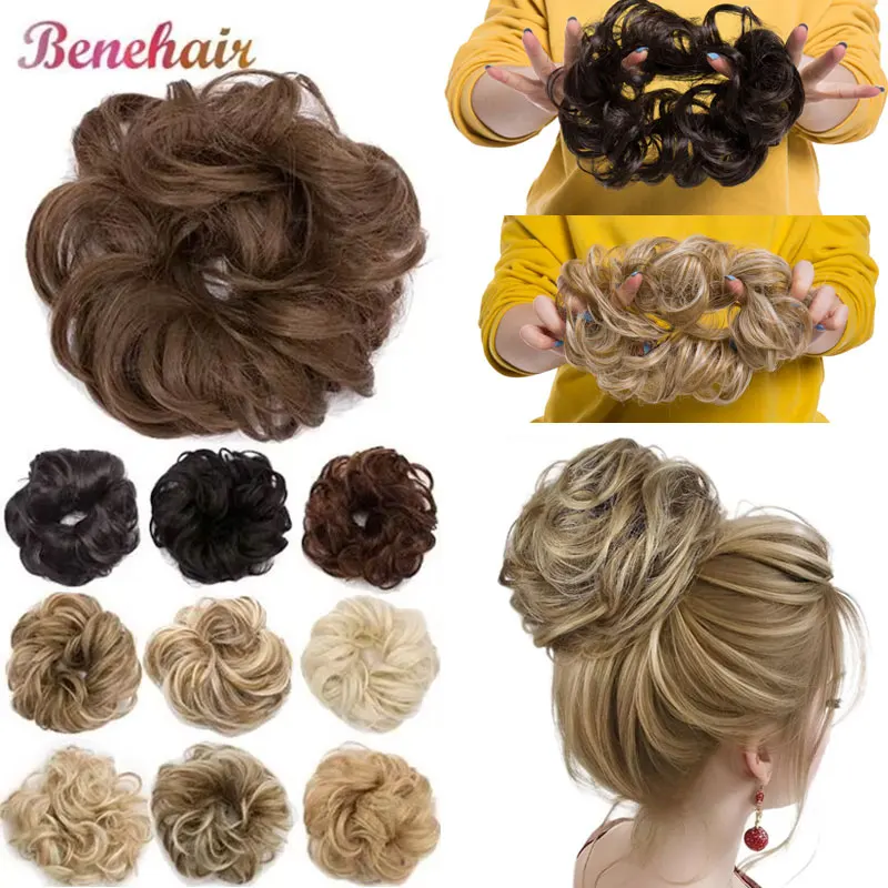 BENEHAIR 여성용 합성 지저분한 번 곱슬 스크런치, 탄성 밴드 헤어피스, Updos 푹신한 시뇽 포니테일, 35g 