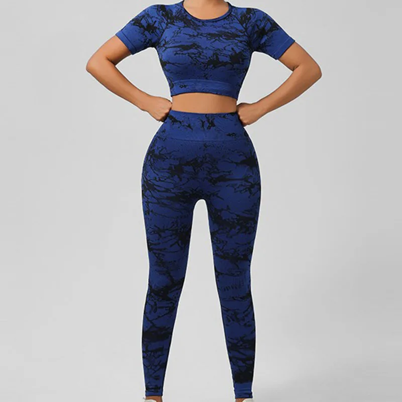 Boring Honey Tie-Dyed Yoga Suit Two-Piece Short-Sleeved Outdoor Running Sportswear Women Sexy Peach Hip Seamless Hip Yoga Pants